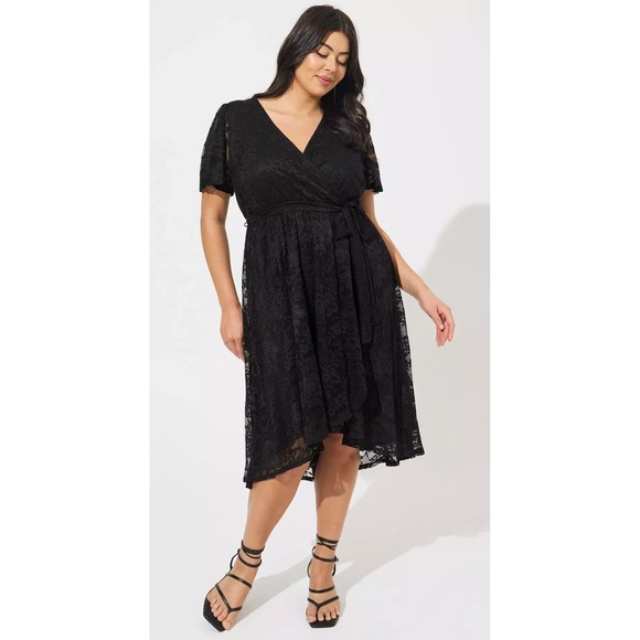 torrid Dresses & Skirts - Torrid Mini Lace Wrap Dress Black Tie Stretch Hi-Lo Skater Stretch Plus Size 4X